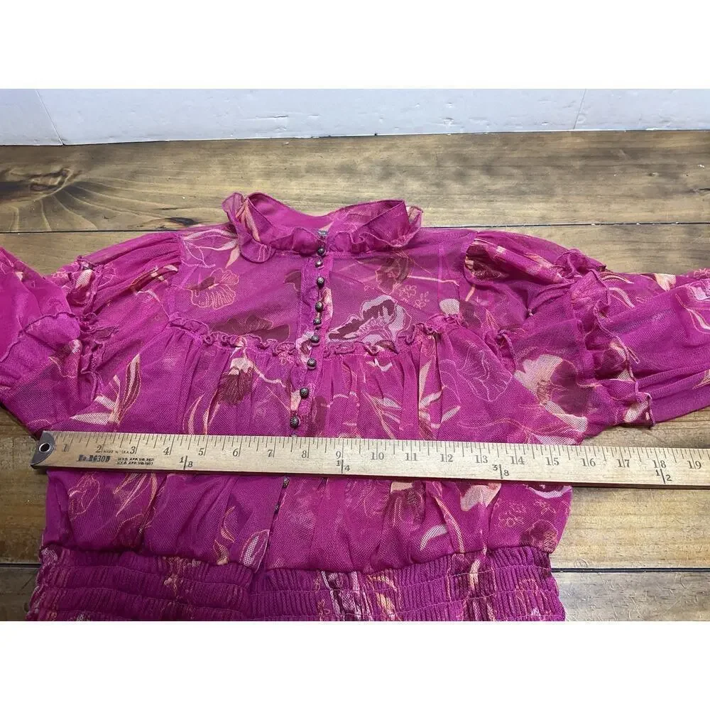 Free People Time For Shine Mesh Cropped Smocked Pink Purple Floral Blouse Top L